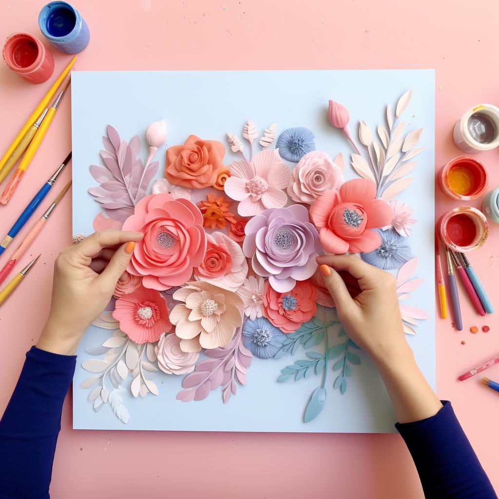 Hands attaching quilled elements to a mixed media canvas