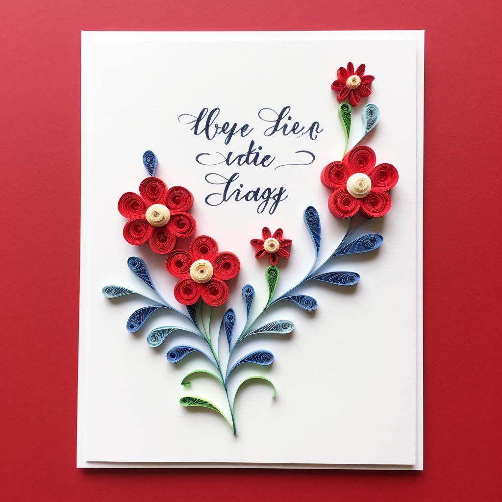 A finished quilled greeting card with a handwritten message