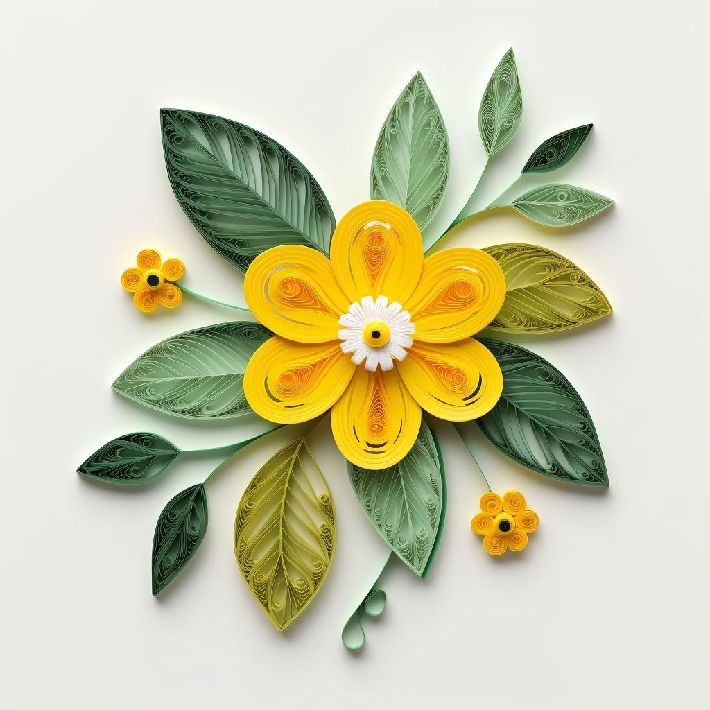 Quilled flower with attached leaves