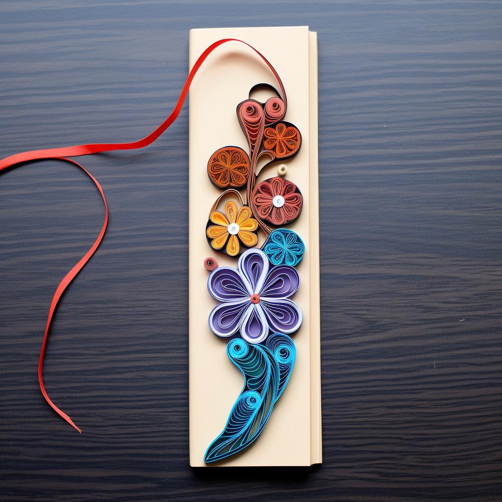 A completed quilled bookmark drying on a table