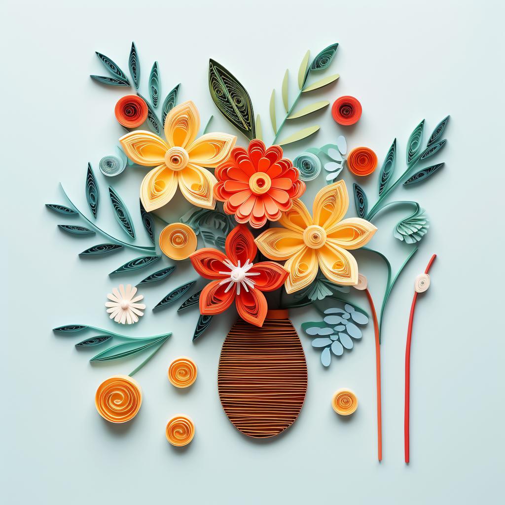 A quilled flower arrangement on cardstock next to quilling tools and paper strips