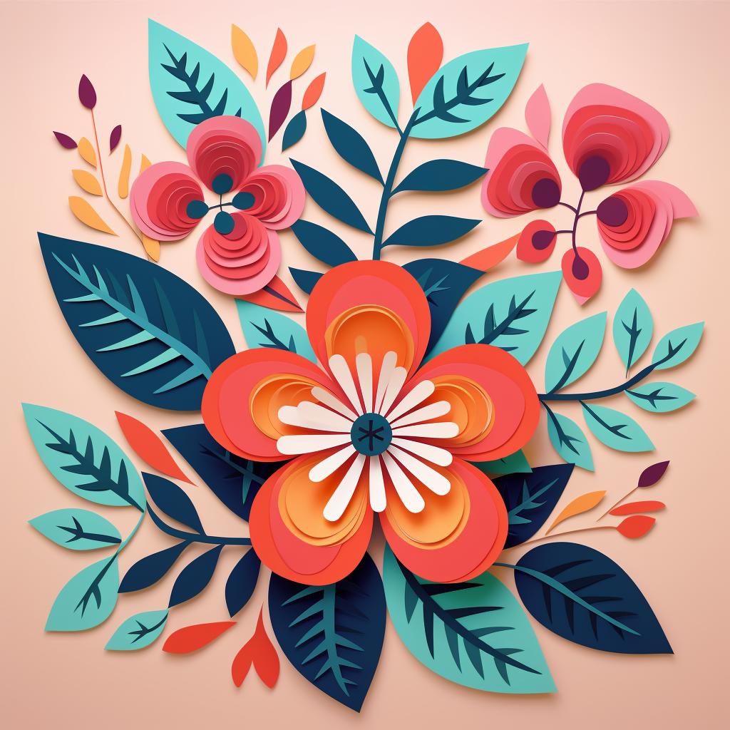 A sketch of a floral motif and a selection of colored paper strips.